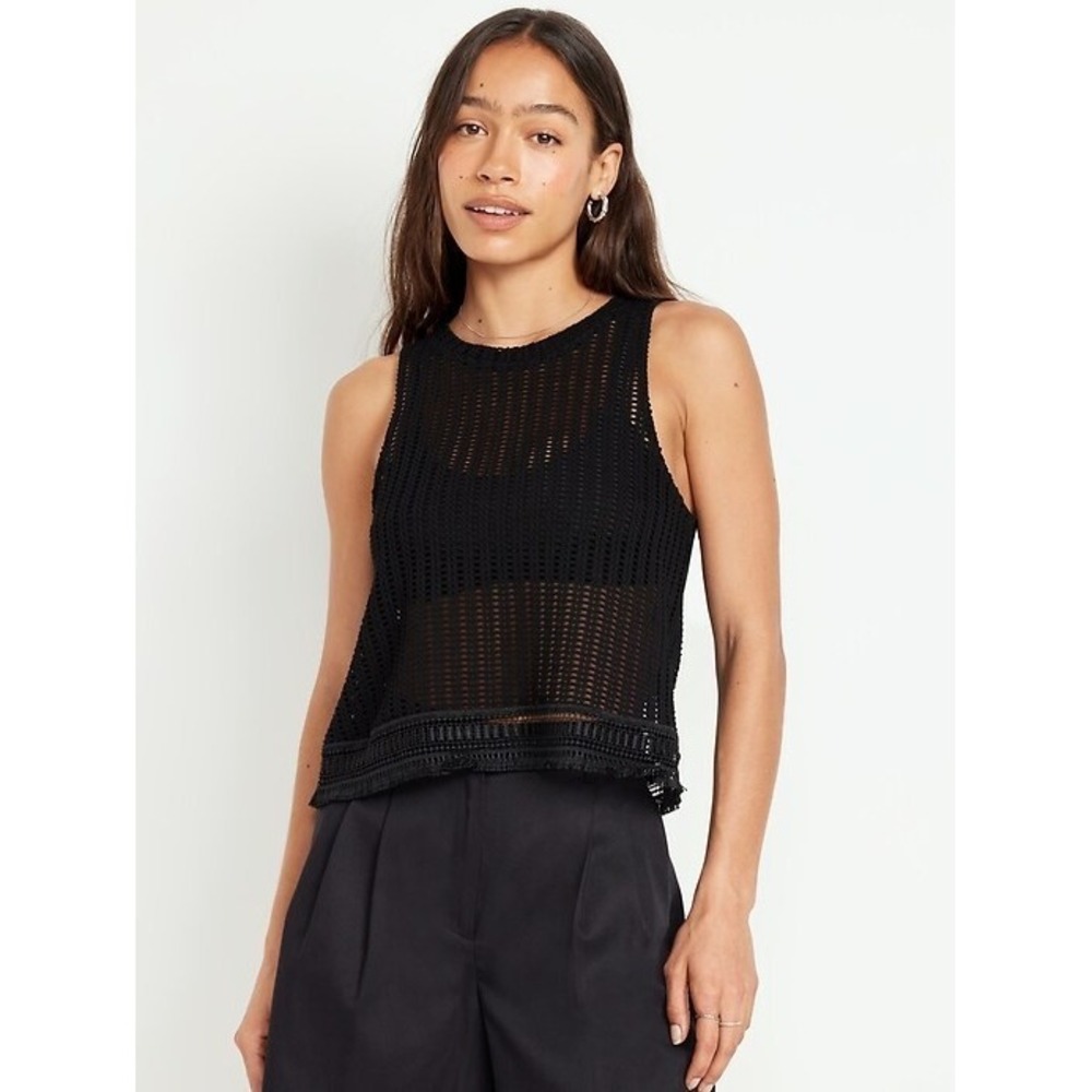 Old Navy Sheer Black Crochet Fringe‎ Tank Top Sz XS Hippie Festival Fairy Grunge